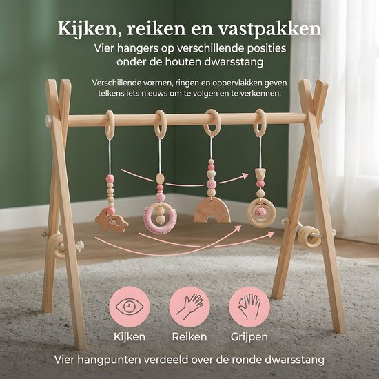 Houten babygym - Grenenhouten speelboog - 4 hangspeeltjes met roze details - 8 houten zijringen - Inklapbaar frame - 58 cm breed - 60 cm hoog - Naturel - Stevige & Veilige Constructie van Hou-Stimuleert motorische vaardigheden-voor Baby van 6 maanden — afbeelding 3