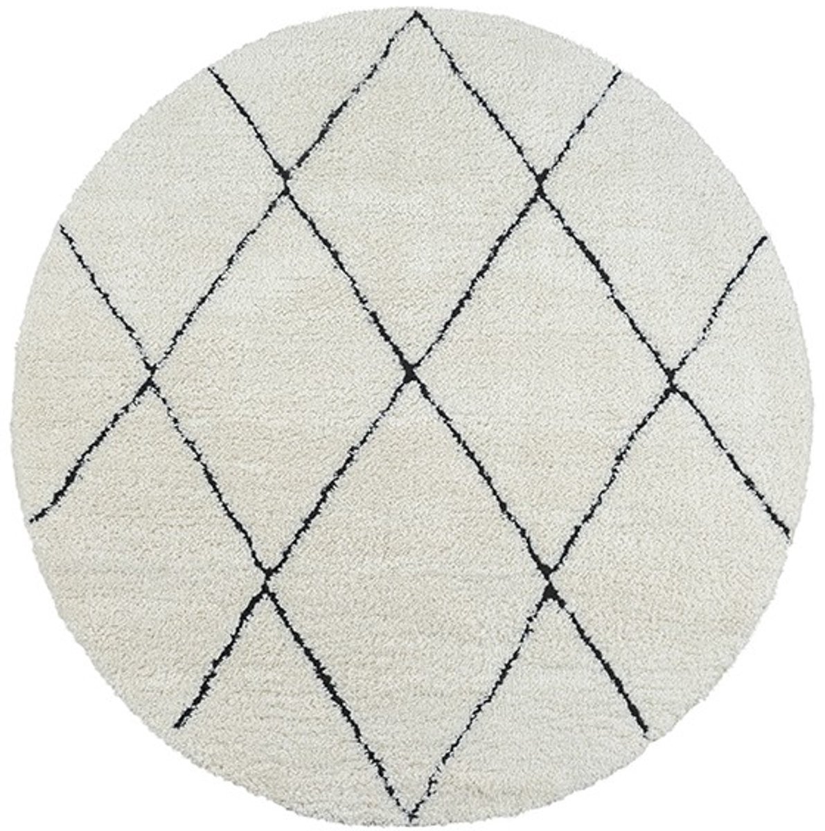 TapisTrend Harig tapijt Wit-Zwart 160 cm rond Hoogpolig vloerkleed met een groot ruitpatroon voor de woonkamer, slaapkamer en ontspanningsruimte
