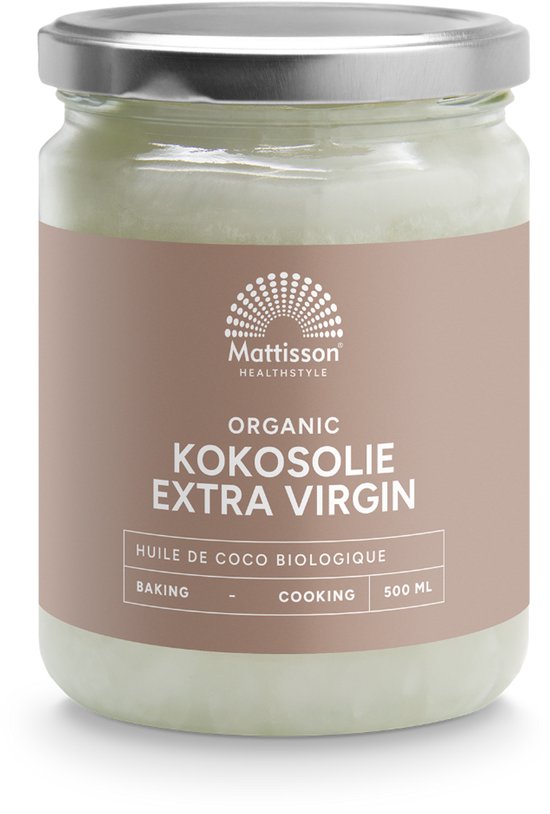 Glazen pot Mattisson Kokosolie Extra Virgin Biologisch, 500 ml.