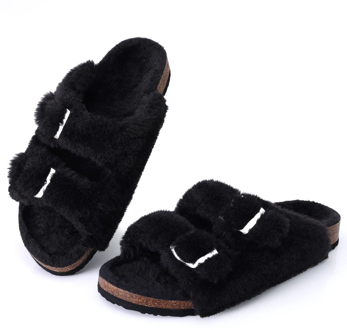 Homaxy - Dames slippers – nep konijnenvacht pluche slippers – comfortabele sloffen – kurken inlegzool – zwart – 40 - Geschikt voor een voetlengte van 25.4cm