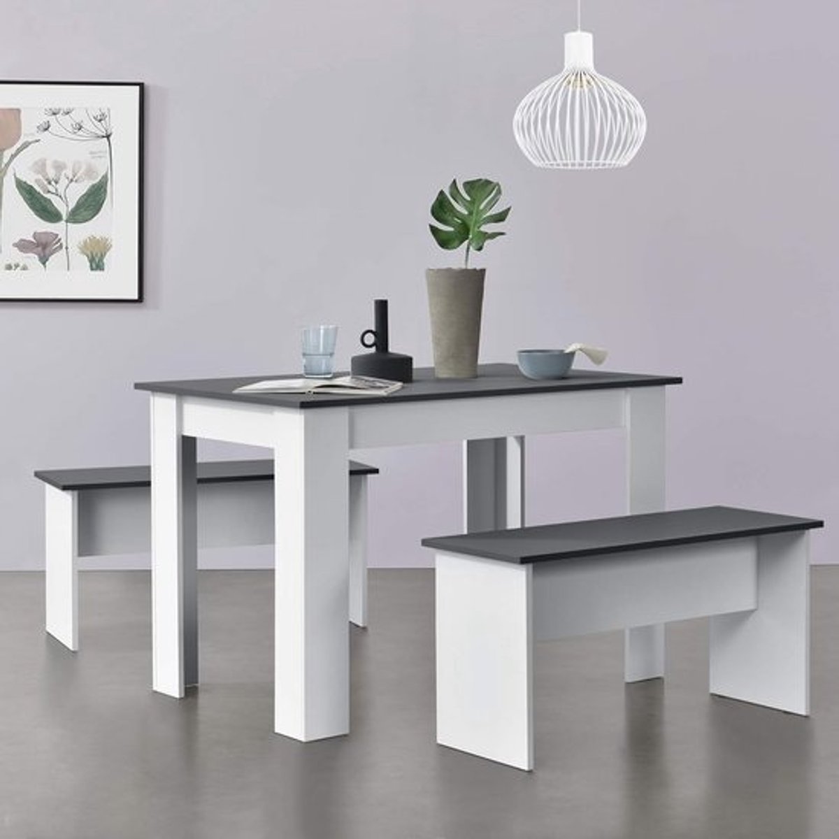 Eetkamerset - Tafel en 2 banken - Voor 4 personen - Wit en grijs