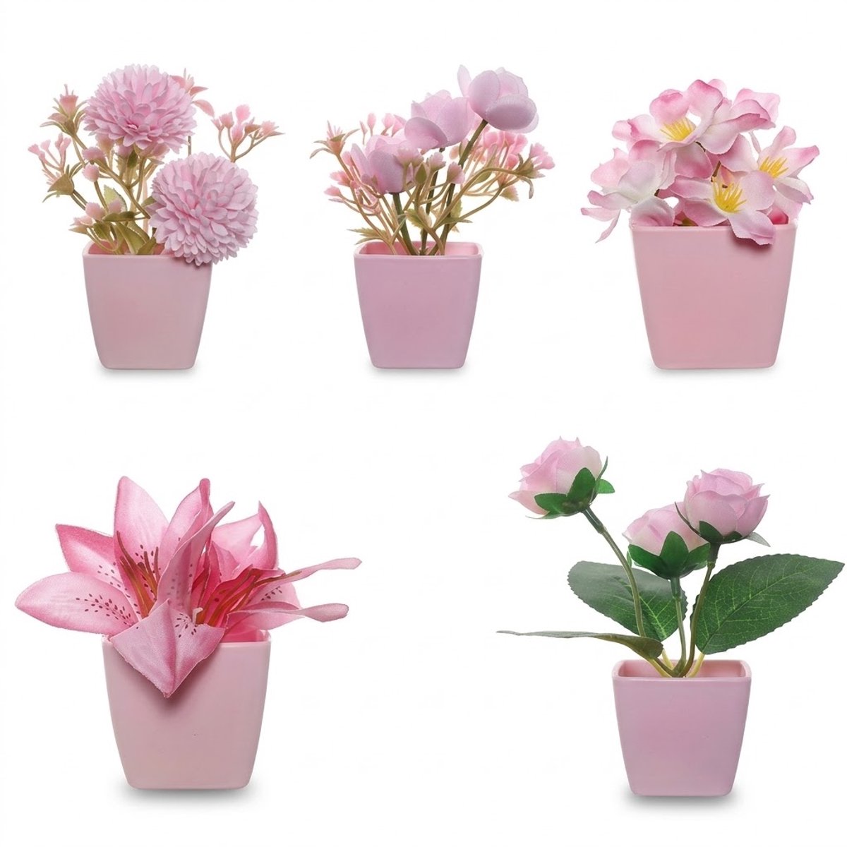 NUVEX Roze kunstbloemen in roze potten 5 stuks – mini kunst planten met verschillende bloemen en groene bladeren – decoratieve nep bloemen voor woonkamer slaapkamer bureau tafel vensterbank en boekenplank