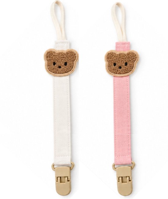 Twee speenkoorden, één beige en één roze, beide met teddybeer-applicatie en beige clips.