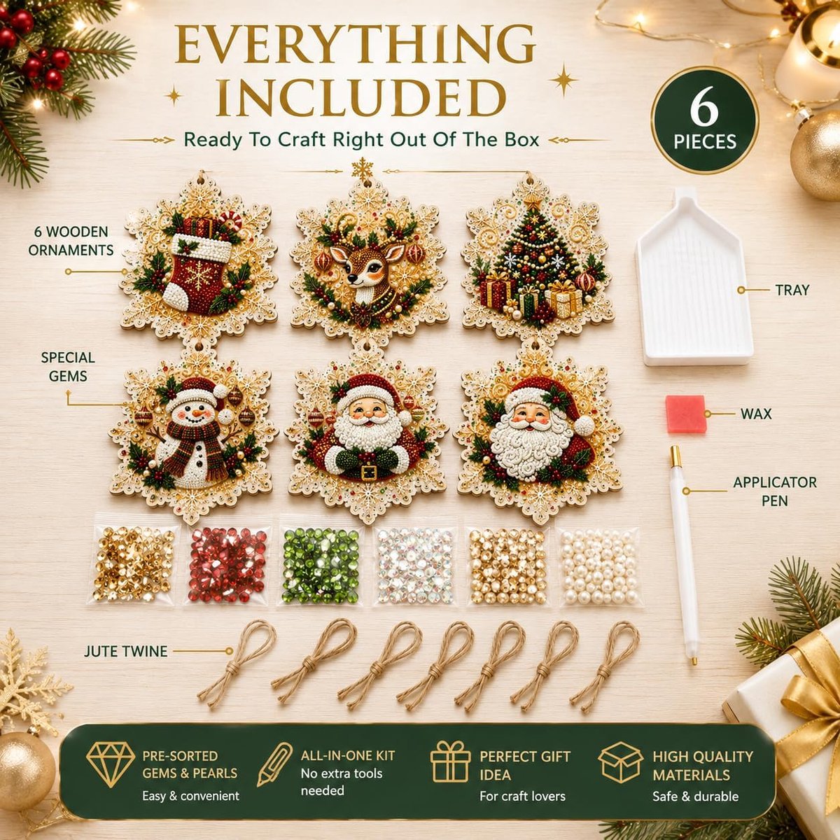Kerst Diamond Painting Set – Parel Diamond Painting Kersthangers – DIY Knutselset met Houten Kerstornamenten – Kerstboomversiering & Kerstdecoratie voor Volwassenen en Kinderen – foto 3