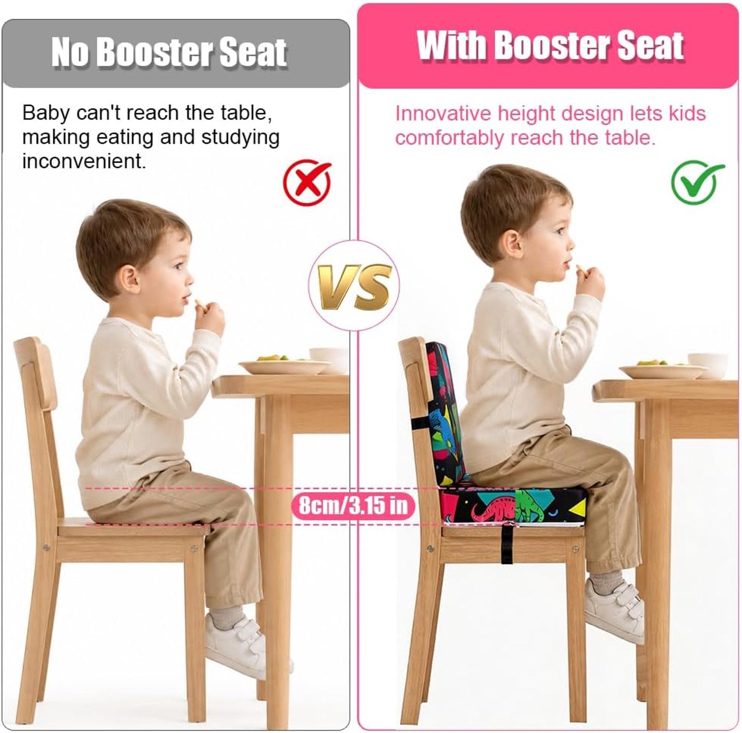 Vicloon Kids Seat Booster, Flexible Seat Booster for Kids, Portable Non-Slip Seat Cushion for Kids for Home on the Go with Back Cushion (Dinosaur Blac