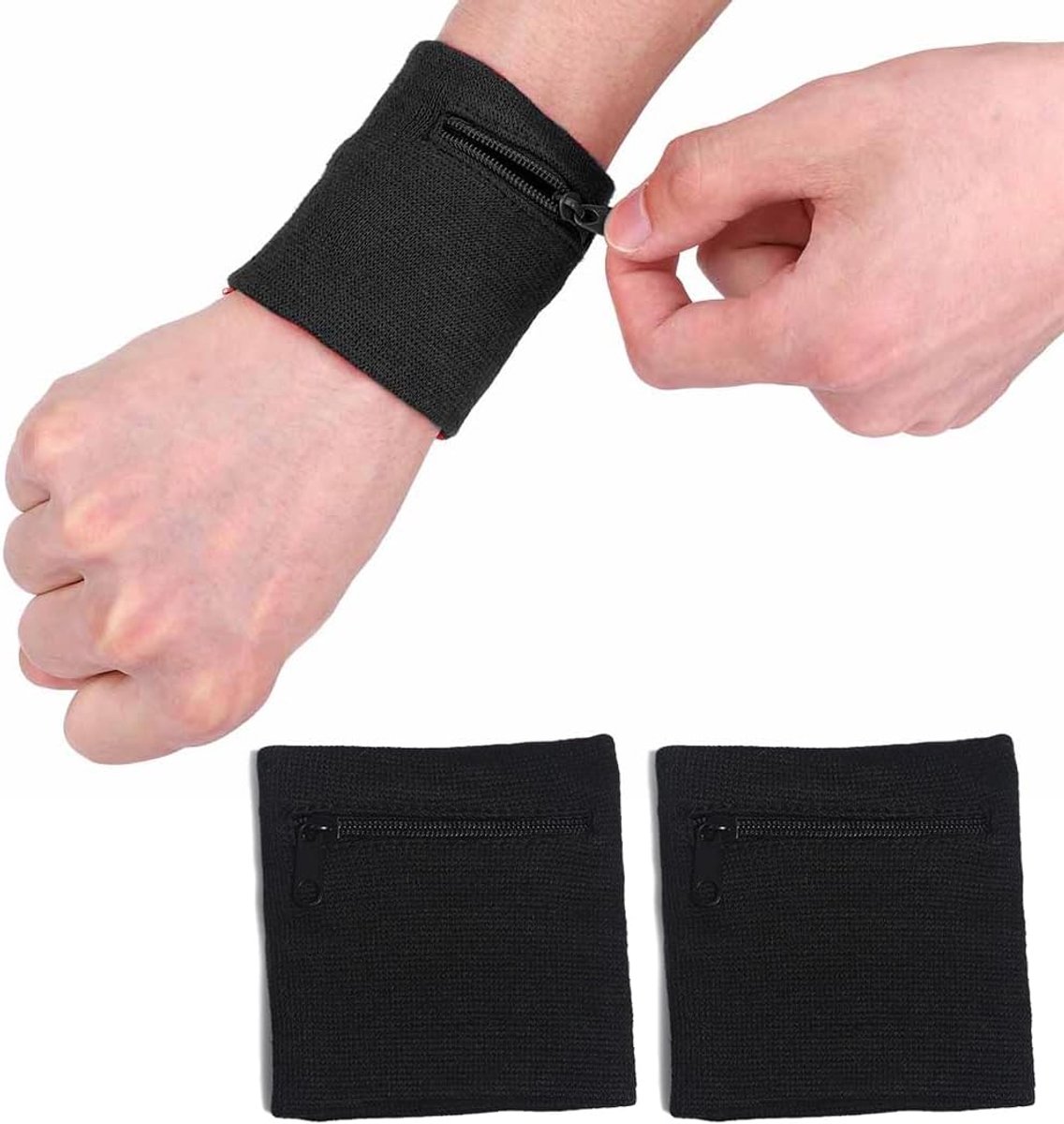 Verpakking van 2 armbanden met ritssluiting, met praktische zakken met ritssluiting en zachte, elastische katoenen armbanden, die zweet absorberen
