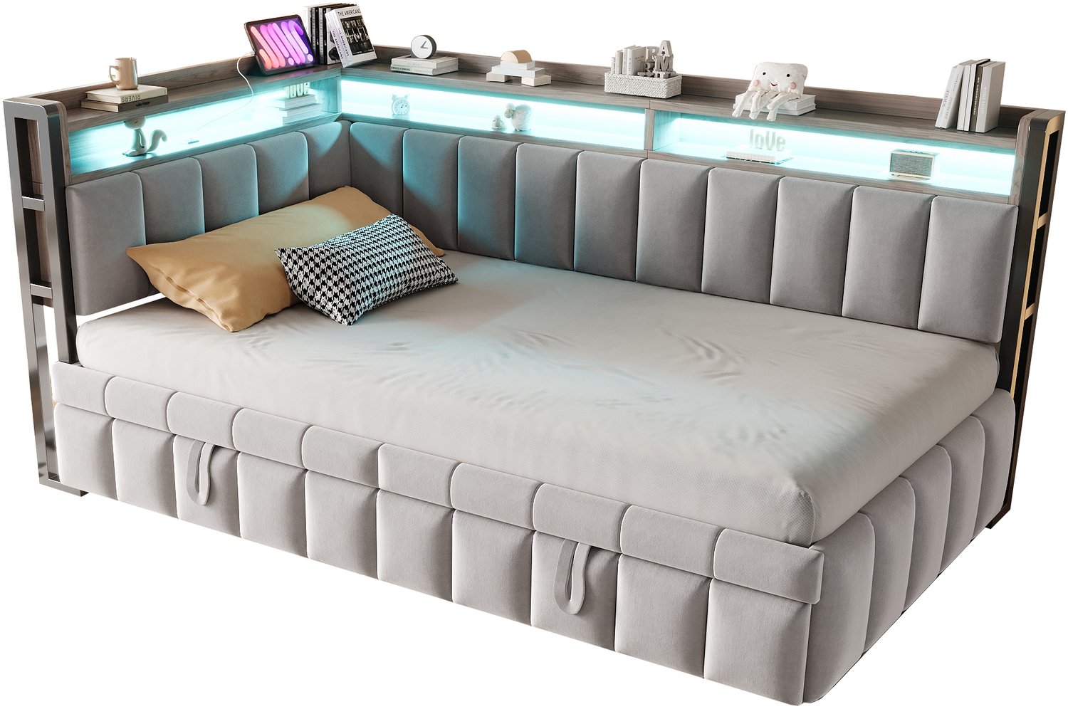 MUVANO Slaapbank met uitschuifbed - Eenpersoonsbed - LED en USB/Type-C - Fluwelen bekleding - 90x200 cm - Voor woonkamer en logeerkamer - Lichtgrijs