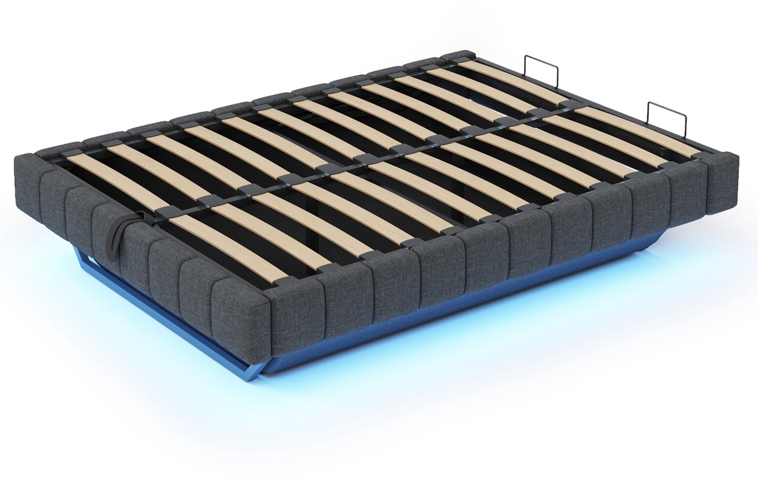 MUVANO Gestoffeerd bed 140x200 cm - Zwevend opbergbed met kleurwisselende LED - Gasdruk-liftsysteem - Linnen en metaal - Zonder hoofdbord - Slaapkamer grijs