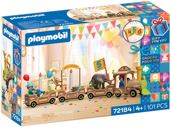 Playmobil verjaardagstrein speelgoedset met dieren en stickers.