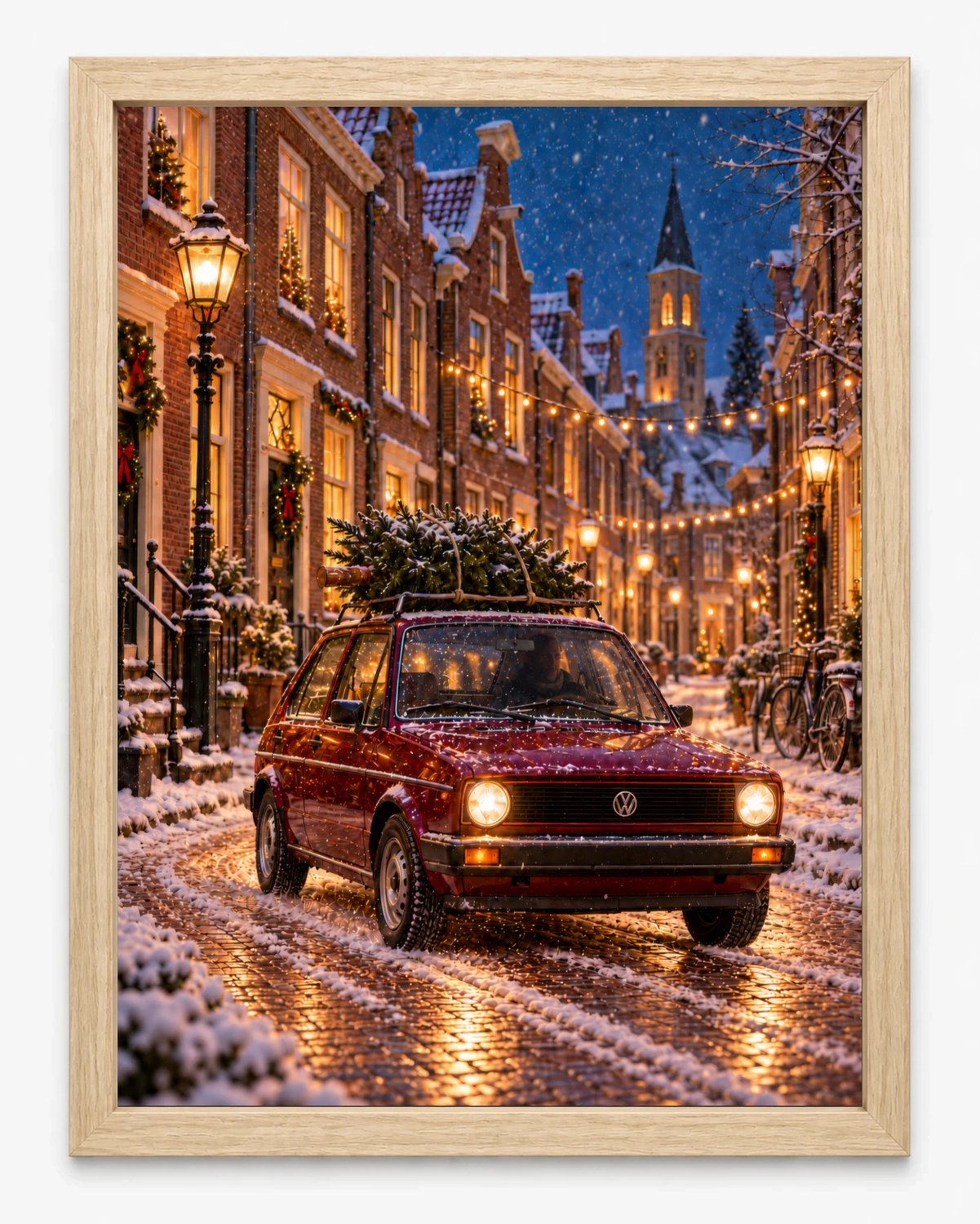 Joshimo Volkswagen Golf Kerstposter | Verlichte Winterstraat | Inclusief Lichtbruine A4 Lijst