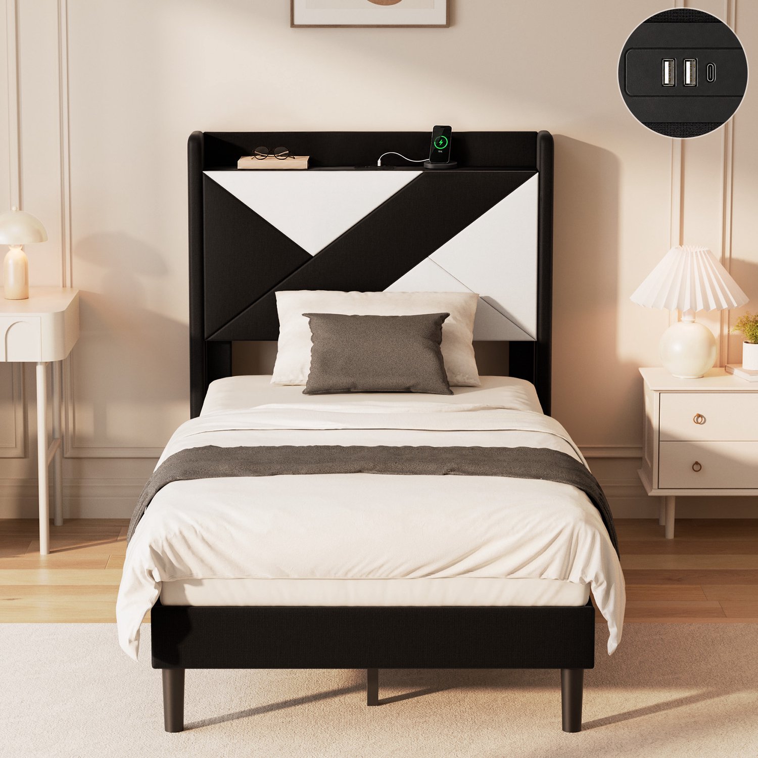 KUTAS 1 Persoons Bed 90x200 cm - Eenpersoonsbed - Gestoffeerd Hoofdbord - Met Lattenbodem - 2 USB-A + 1 USB-C Oplaadpoorten - Geluidsarm Ontwerp - Draagkracht 300 kg Kleuren mengen