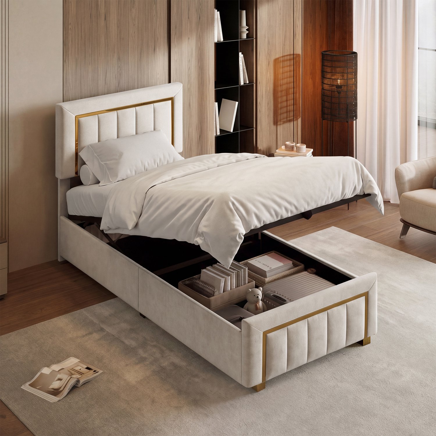 Yelenaro Eenpersoonsbed 90x200 cm, Hydraulisch opbergbed, Gestoffeerd Bed met Lattenbodem, Bedframe met Hoofdbord, Beige fluweel, Zonder matras