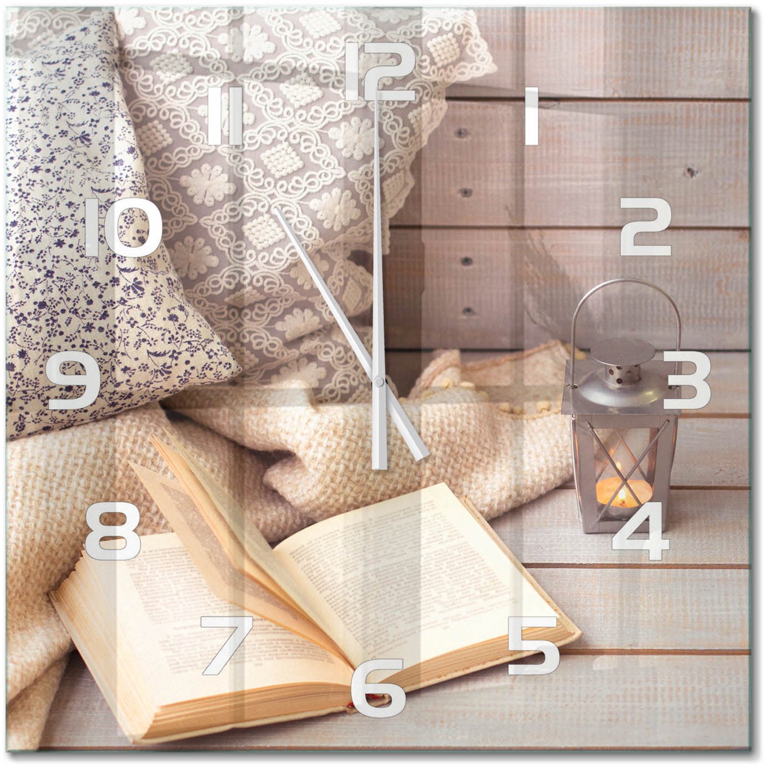 TULUP Wandklok - Ontspan met een boek. Wandklok Glas Decoratie - 60x60 cm - Beige Gekleurde Glazen Klok - Witte handen - Vierkante Klok - Klok Glas Met Opdruk - Moderne Wandklok Glas