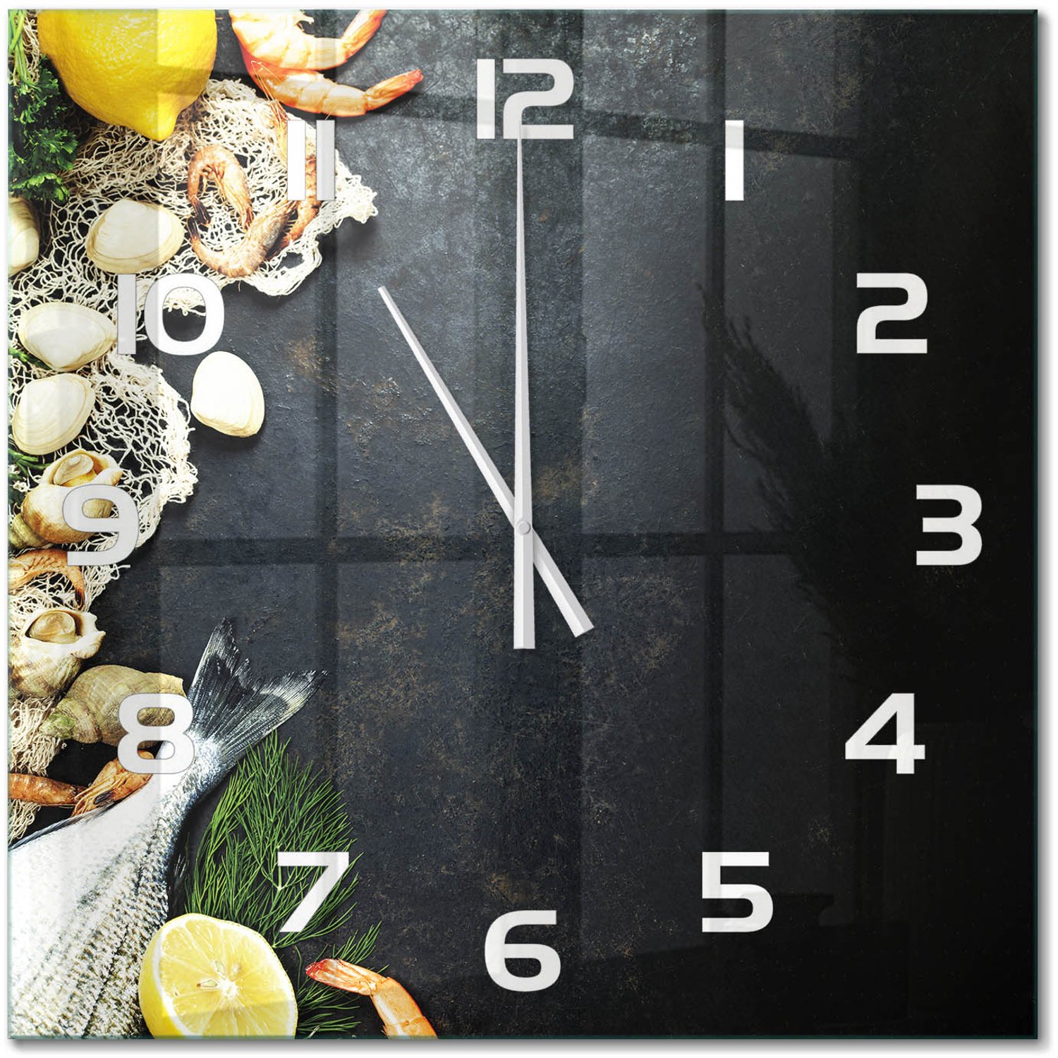 TULUP Wandklok - Zeevruchten Decoratieve Glazen Klok - 60x60 cm - Zwart Glazen Wandklok Design - Witte handen - Vierkante Klok - Glazen Klok Met Print - Wandklok Glas Met Motief