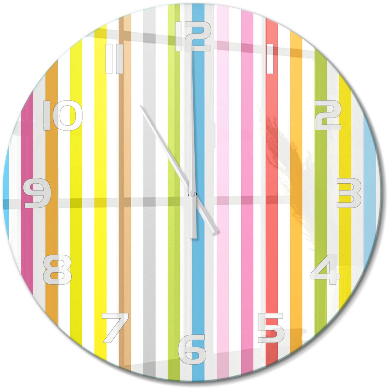 TULUP Wandklok - Kleurrijke strepen Gekleurde Glazen Klok - fi60 cm - Veelkleurig Glazen Klok Met Print - Witte handen - Ronde Klok - Moderne Wandklok Glas - Wandklok Glas Decoratie