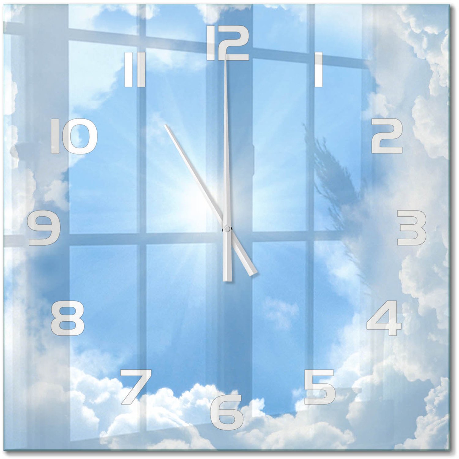 TULUP Wandklok - Wolken aan de hemel Moderne Wandklok Glas - 60x60 cm - Blauw Wandklok Glas Decoratie - Witte handen - Vierkante Klok - Glazen Wandklok Design - Klok Glas Met Opdruk