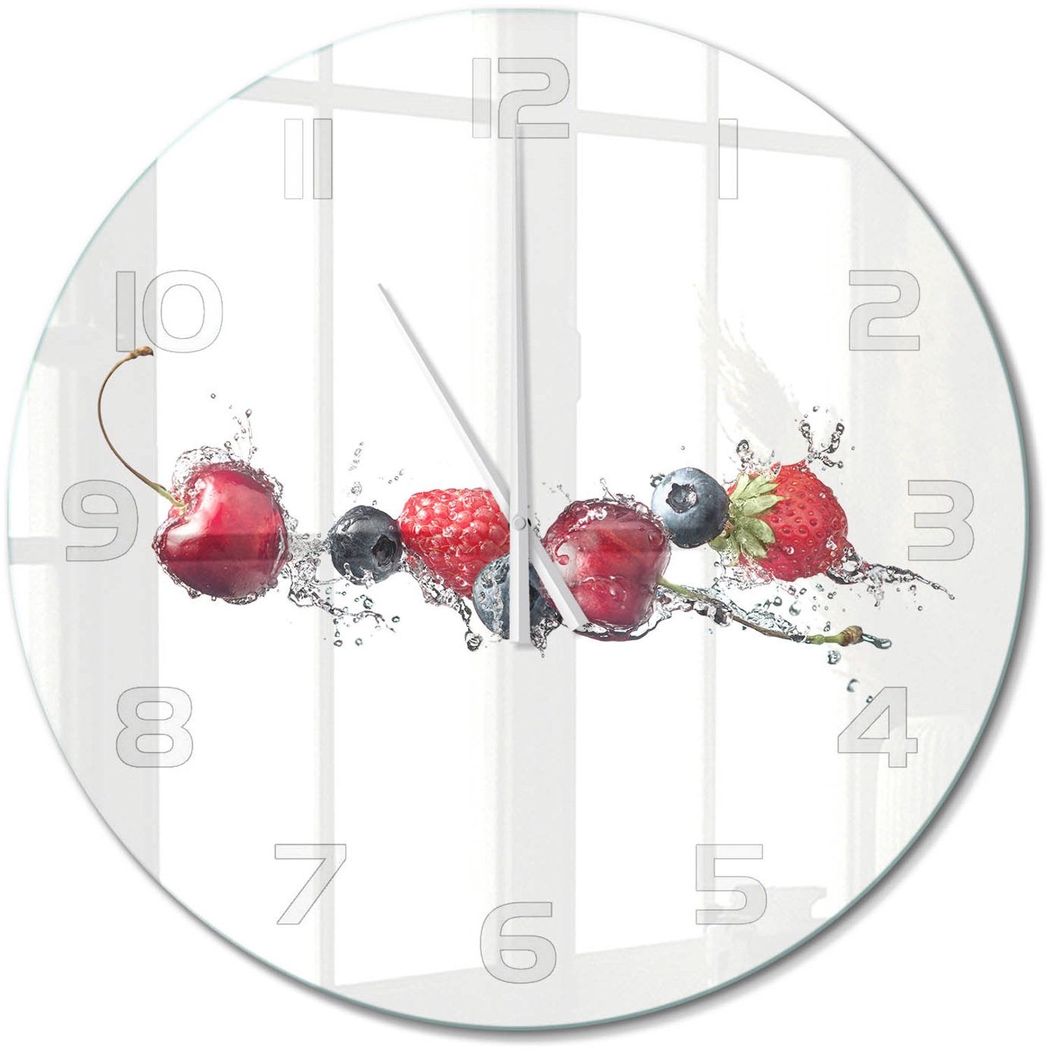 TULUP Wandklok - Bosvruchten Glazen Wandklok Design - fi60 cm - Rood Klok Glas Met Opdruk - Witte handen - Ronde Klok - Wandklok Glas Met Motief - Decoratieve Glazen Klok
