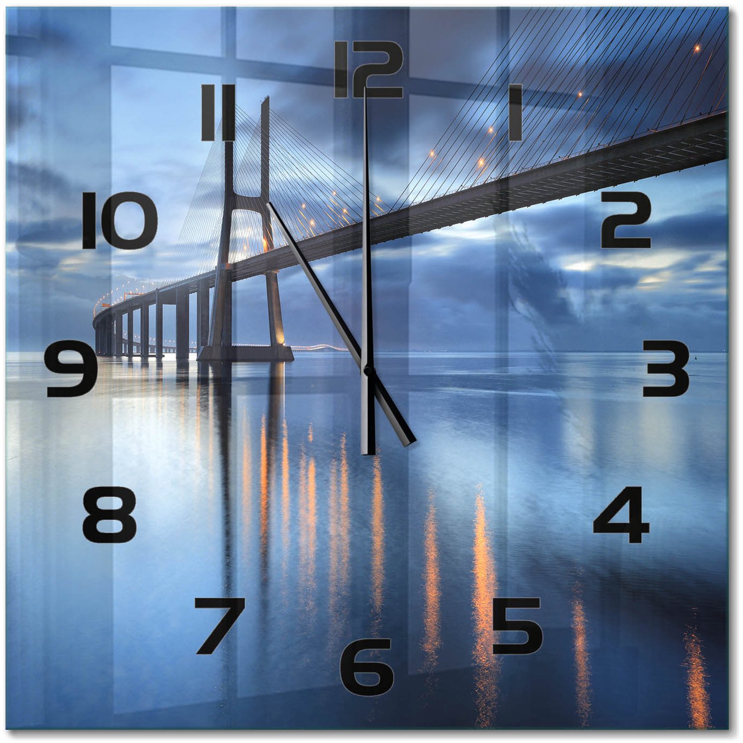 TULUP Wandklok - Verlichte Brug Decoratieve Glazen Klok - 60x60 cm - Blauw Glazen Wandklok Design - Zwarte handen - Vierkante Klok - Glazen Klok Met Print - Wandklok Glas Met Motief
