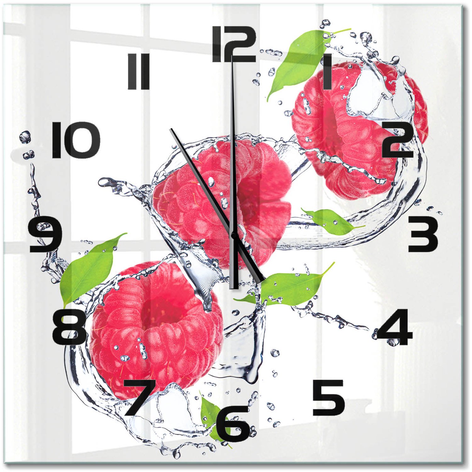 TULUP Wandklok - Framboos en water Decoratieve Glazen Klok - 60x60 cm - Roze Glazen Wandklok Design - Zwarte handen - Vierkante Klok - Glazen Klok Met Print - Wandklok Glas Met Motief