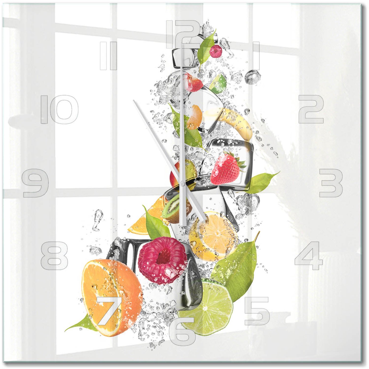 TULUP Wandklok - Fruit met ijs Wandklok Glas Met Motief - 60x60 cm - Veelkleurig Decoratieve Glazen Klok - Witte handen - Vierkante Klok - Gekleurde Glazen Klok - Glazen Klok Met Print