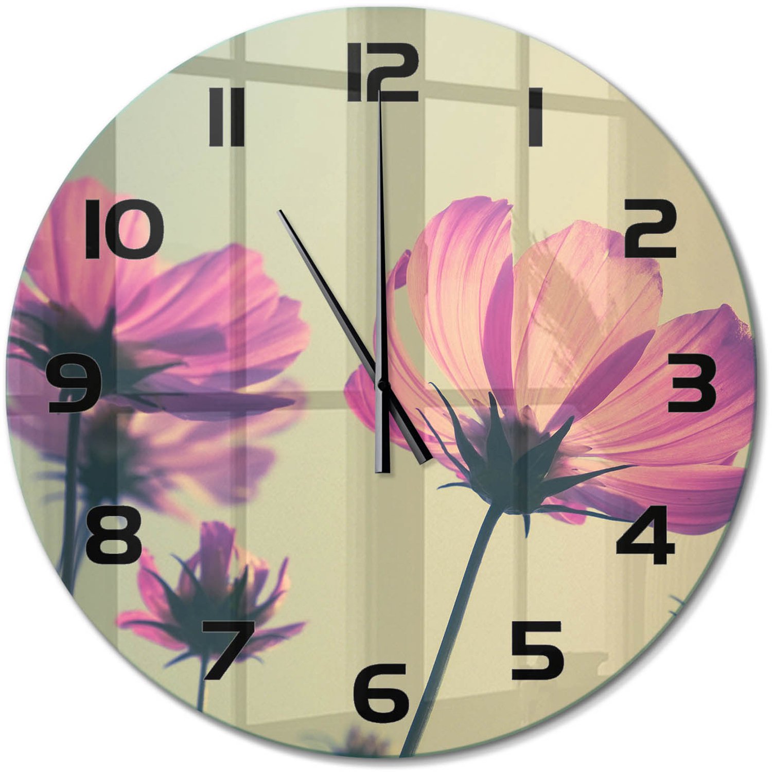 TULUP Wandklok - Roze bloemen Gekleurde Glazen Klok - fi60 cm - Roze Glazen Klok Met Print - Zwarte handen - Ronde Klok - Moderne Wandklok Glas - Wandklok Glas Decoratie