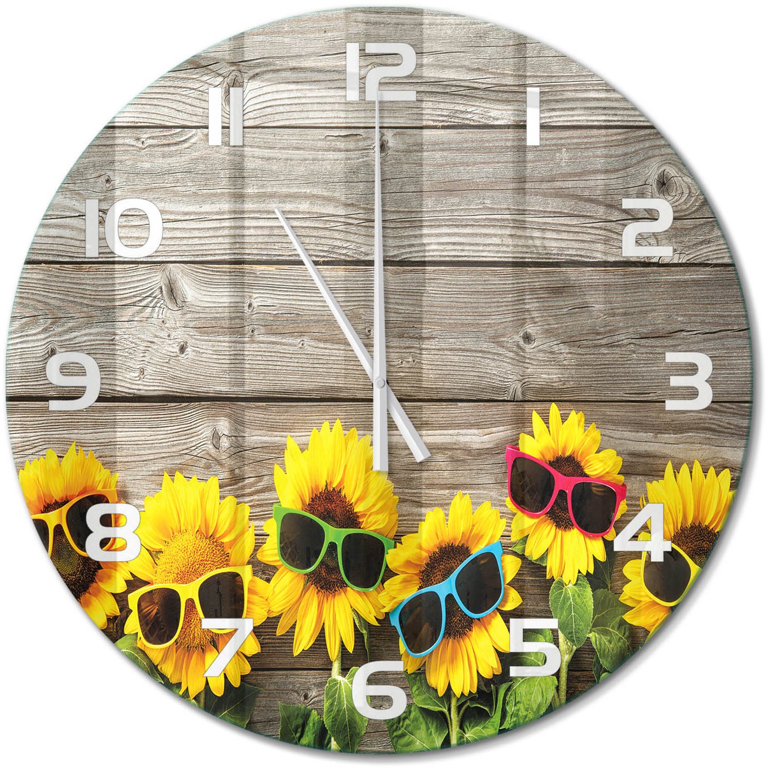 TULUP Wandklok - Zonnebloemen Gekleurde Glazen Klok - fi60 cm - Geel Glazen Klok Met Print - Witte handen - Ronde Klok - Moderne Wandklok Glas - Wandklok Glas Decoratie