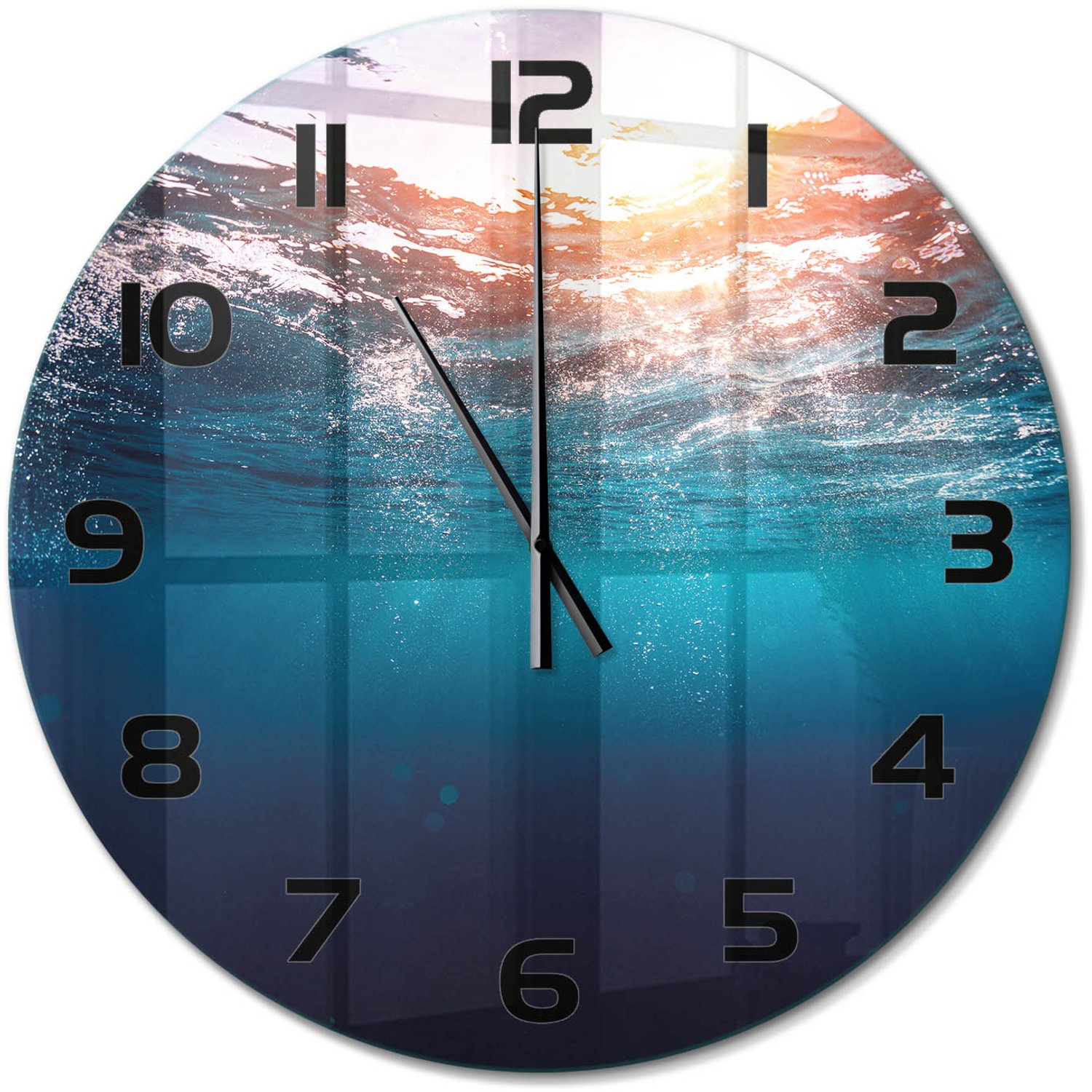 TULUP Wandklok - Onderwaterwereld Wandklok Glas Met Motief - fi60 cm - Blauw Decoratieve Glazen Klok - Zwarte handen - Ronde Klok - Gekleurde Glazen Klok - Glazen Klok Met Print
