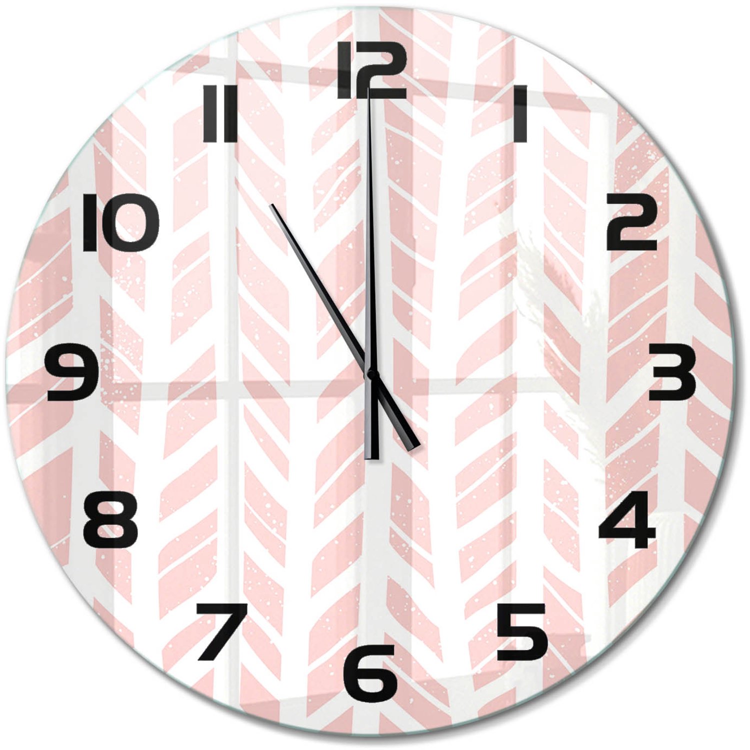 TULUP Wandklok - Visgraatpatroon Decoratieve Glazen Klok - fi60 cm - Roze Glazen Wandklok Design - Zwarte handen - Ronde Klok - Glazen Klok Met Print - Wandklok Glas Met Motief