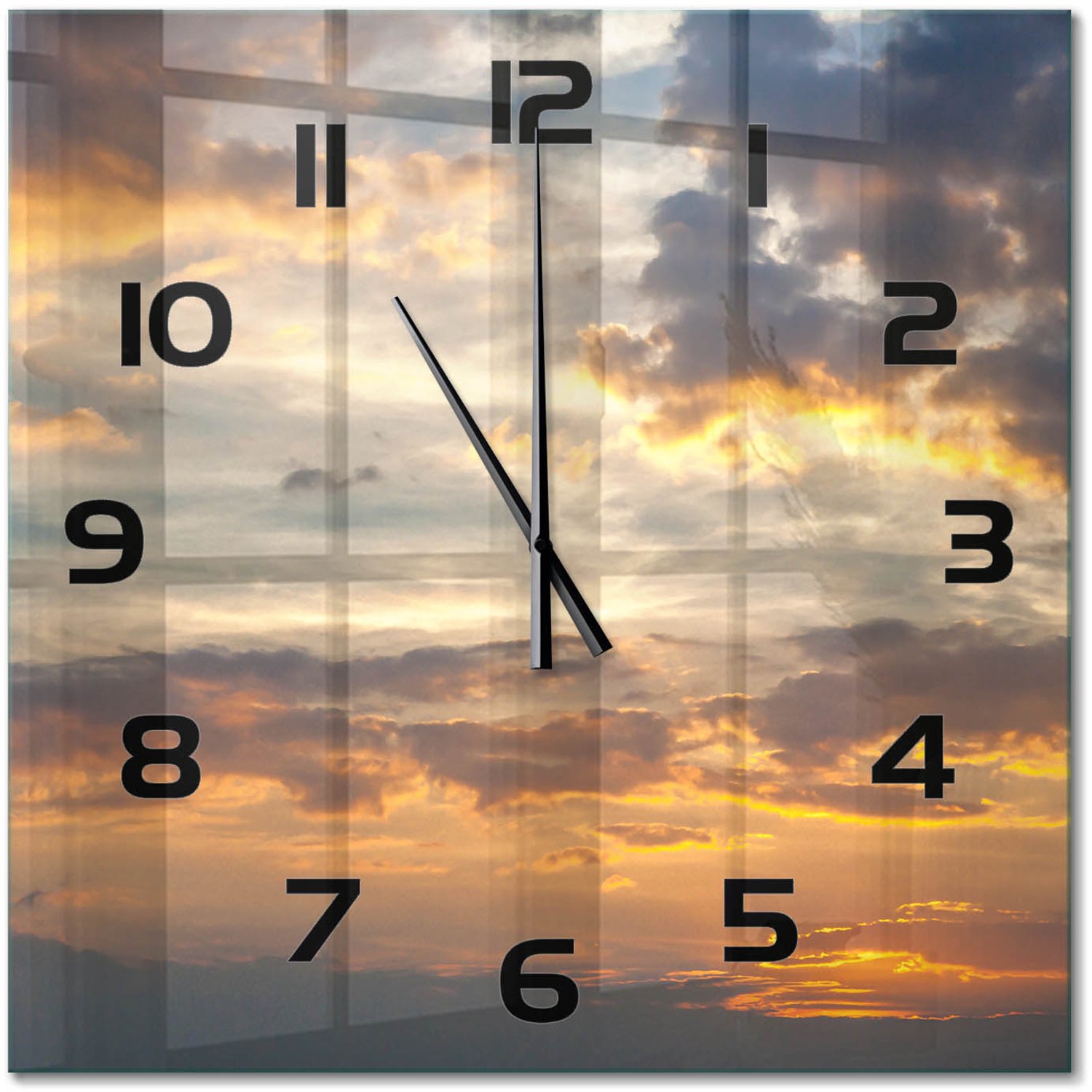 TULUP Wandklok - Zonsondergang Moderne Wandklok Glas - 60x60 cm - Oranje Wandklok Glas Decoratie - Zwarte handen - Vierkante Klok - Glazen Wandklok Design - Klok Glas Met Opdruk