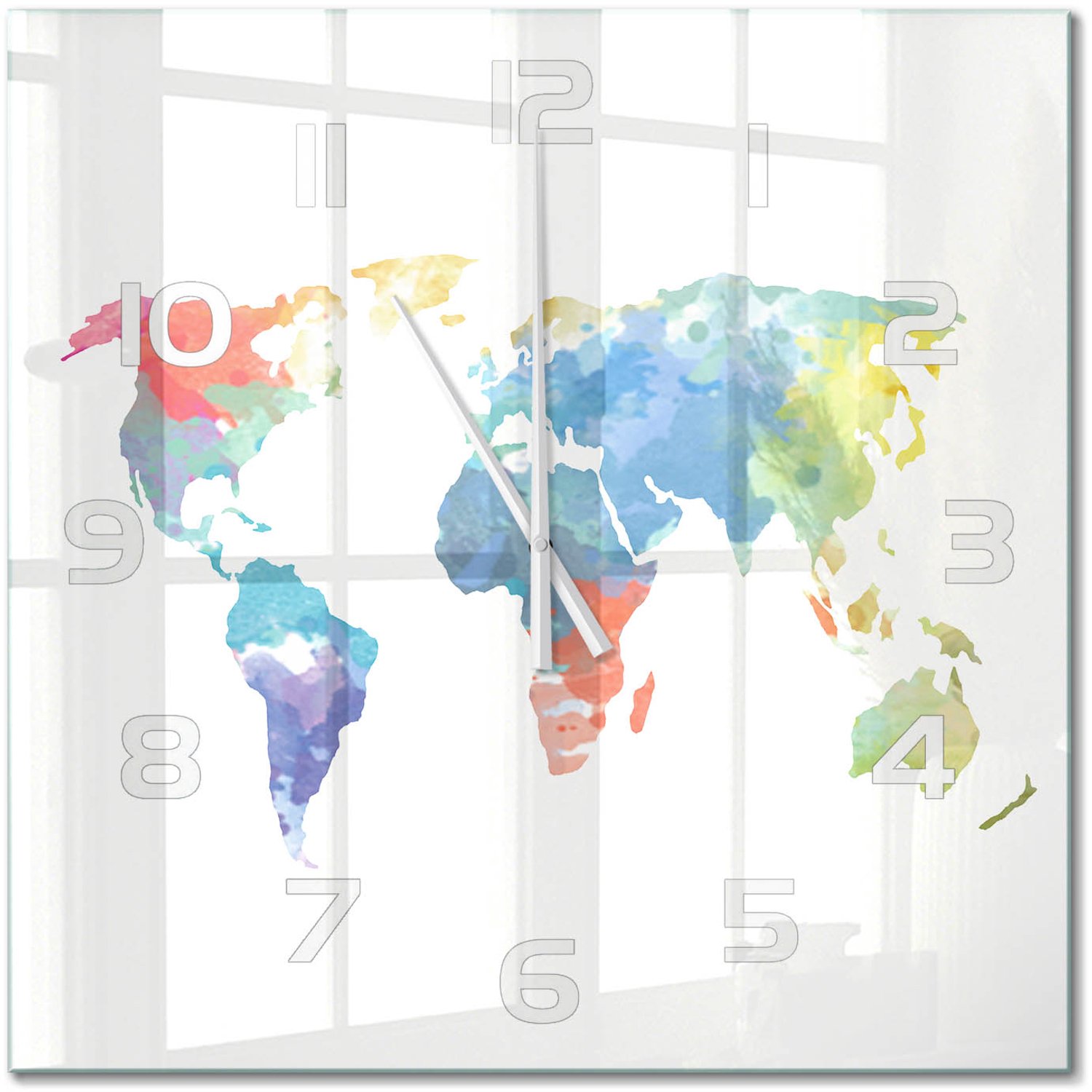 TULUP Wandklok - Wereldkaart Klok Glas Met Opdruk - 60x60 cm - Veelkleurig Moderne Wandklok Glas - Witte handen - Vierkante Klok - Decoratieve Glazen Klok - Glazen Wandklok Design
