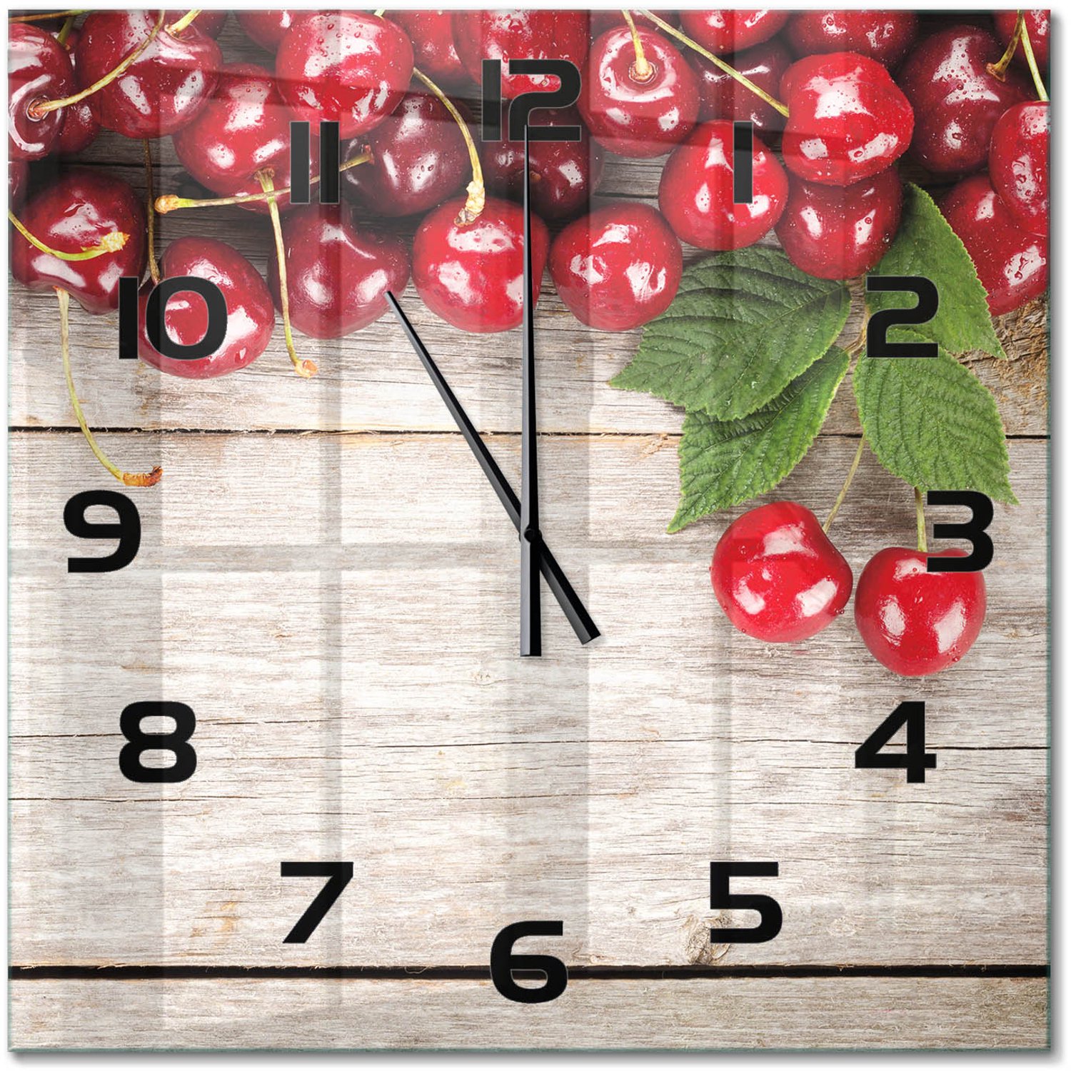 TULUP Wandklok - Kersen op hout Decoratieve Glazen Klok - 60x60 cm - Rood Glazen Wandklok Design - Zwarte handen - Vierkante Klok - Glazen Klok Met Print - Wandklok Glas Met Motief