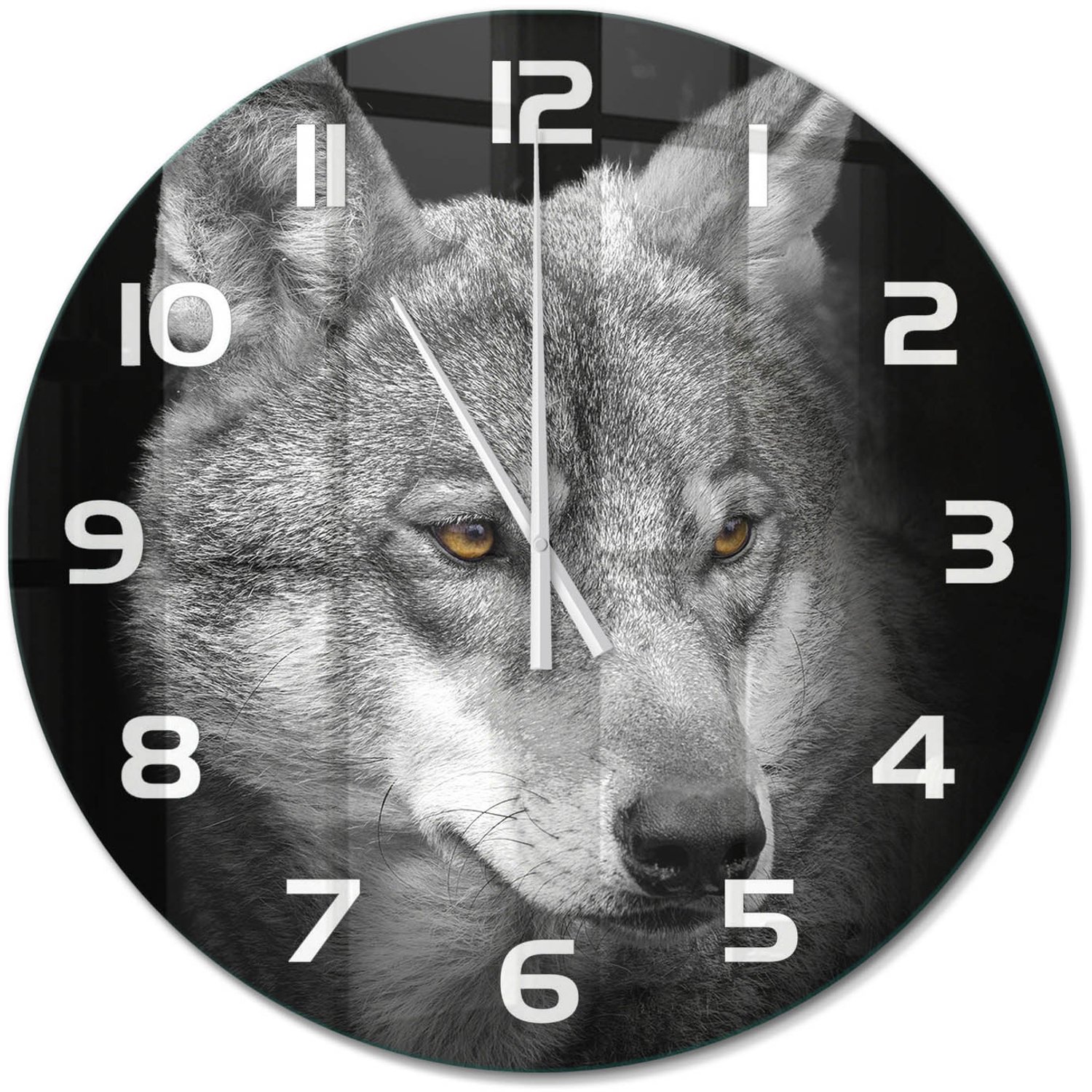 TULUP Wandklok - Wolf Wandklok Glas Met Motief - fi60 cm - Grijs Decoratieve Glazen Klok - Witte handen - Ronde Klok - Gekleurde Glazen Klok - Glazen Klok Met Print