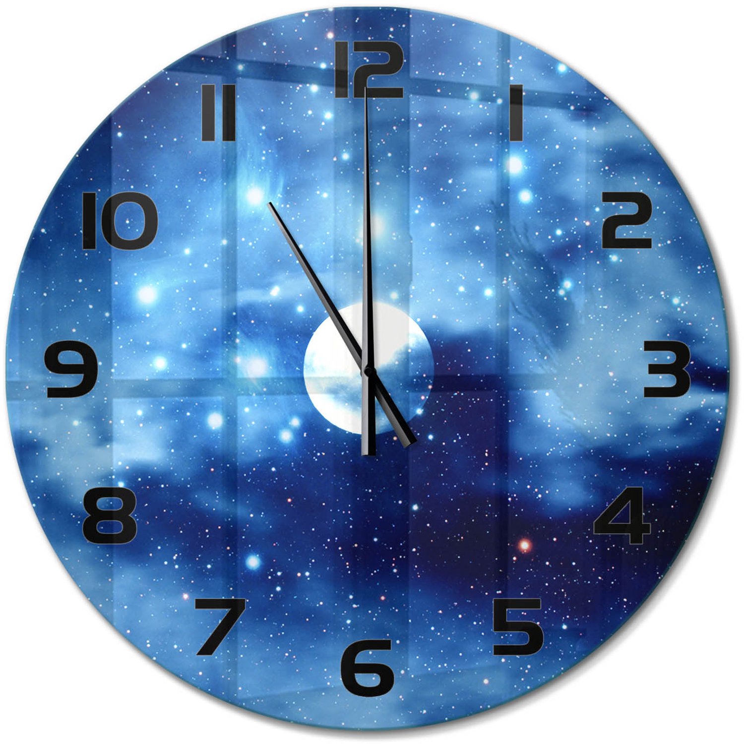 TULUP Wandklok - Volle maan Wandklok Glas Met Motief - fi60 cm - Blauw Decoratieve Glazen Klok - Zwarte handen - Ronde Klok - Gekleurde Glazen Klok - Glazen Klok Met Print