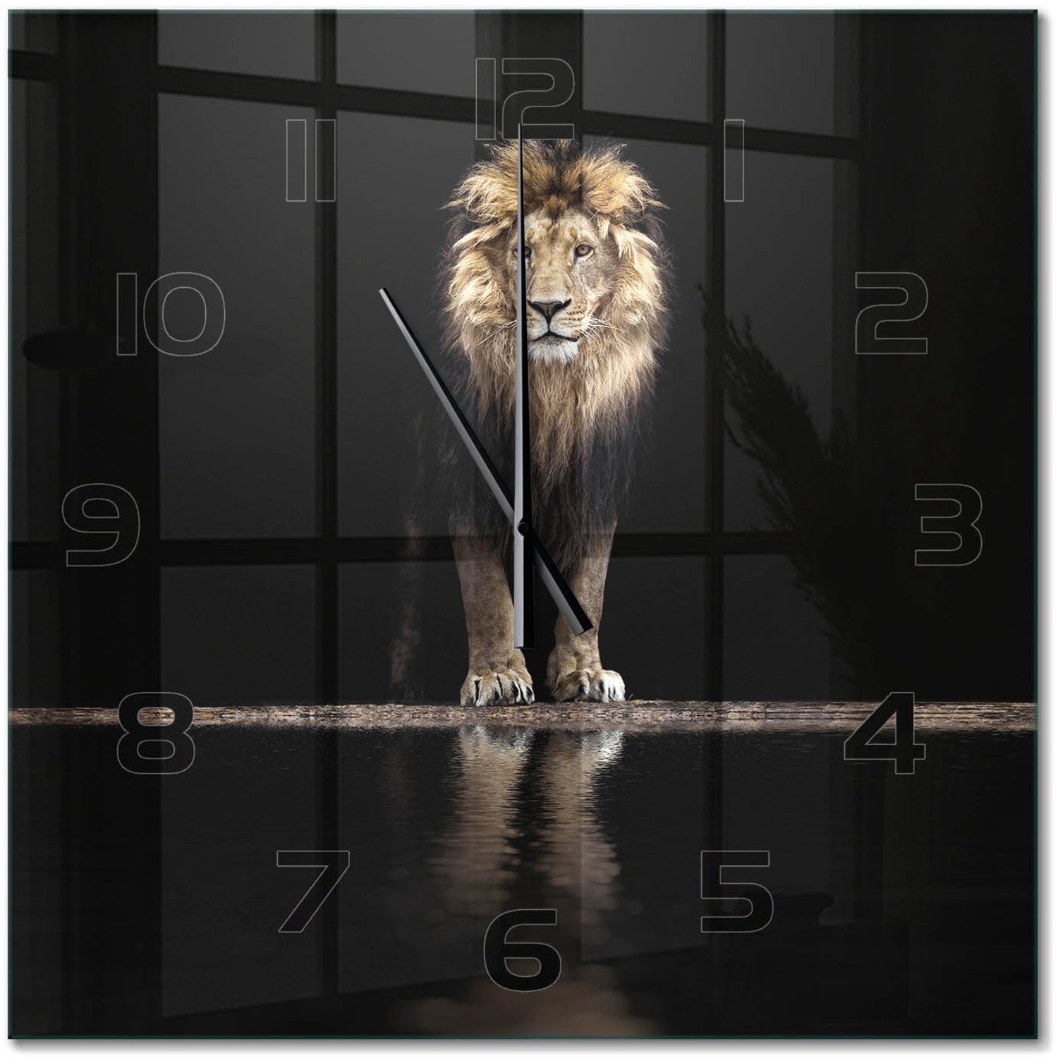 TULUP Wandklok - Portret van een leeuw Glazen Klok Met Print - 60x60 cm - Bruin Wandklok Glas Met Motief - Zwarte handen - Vierkante Klok - Wandklok Glas Decoratie - Gekleurde Glazen Klok