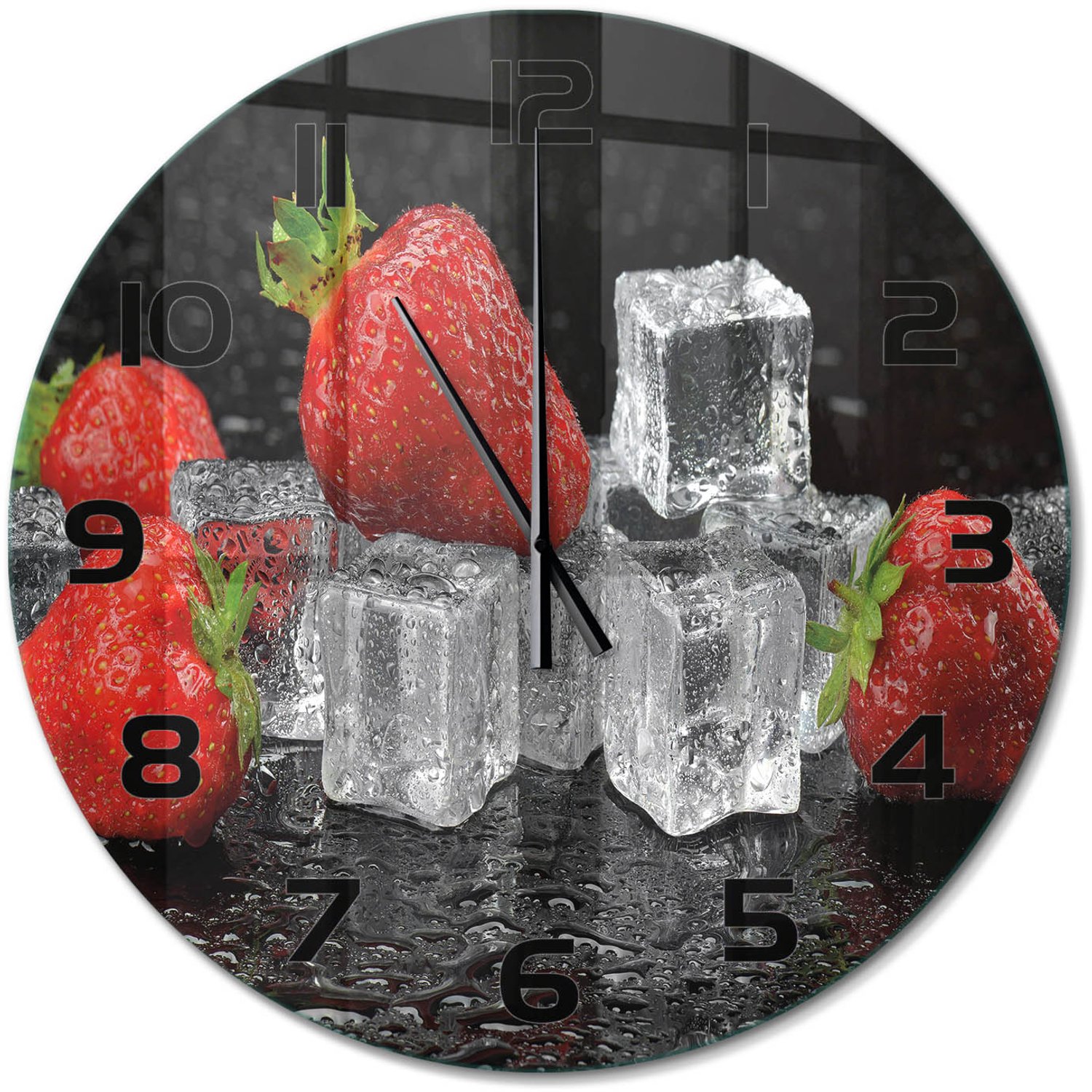 TULUP Wandklok - Aardbeien met ijs Decoratieve Glazen Klok - fi60 cm - Rood Glazen Wandklok Design - Zwarte handen - Ronde Klok - Glazen Klok Met Print - Wandklok Glas Met Motief