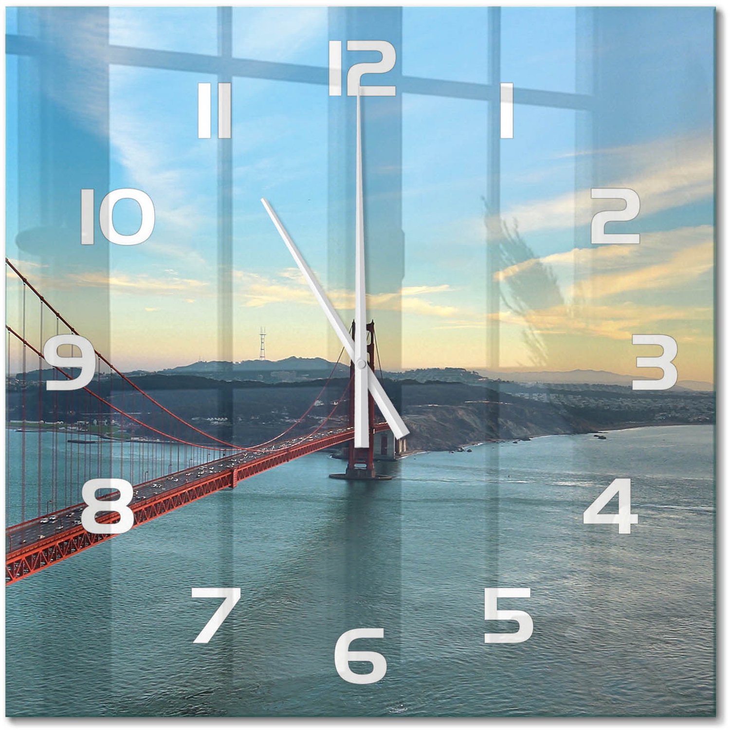 TULUP Wandklok - San Francisco-brug Decoratieve Glazen Klok - 60x60 cm - Rood Glazen Wandklok Design - Witte handen - Vierkante Klok - Glazen Klok Met Print - Wandklok Glas Met Motief