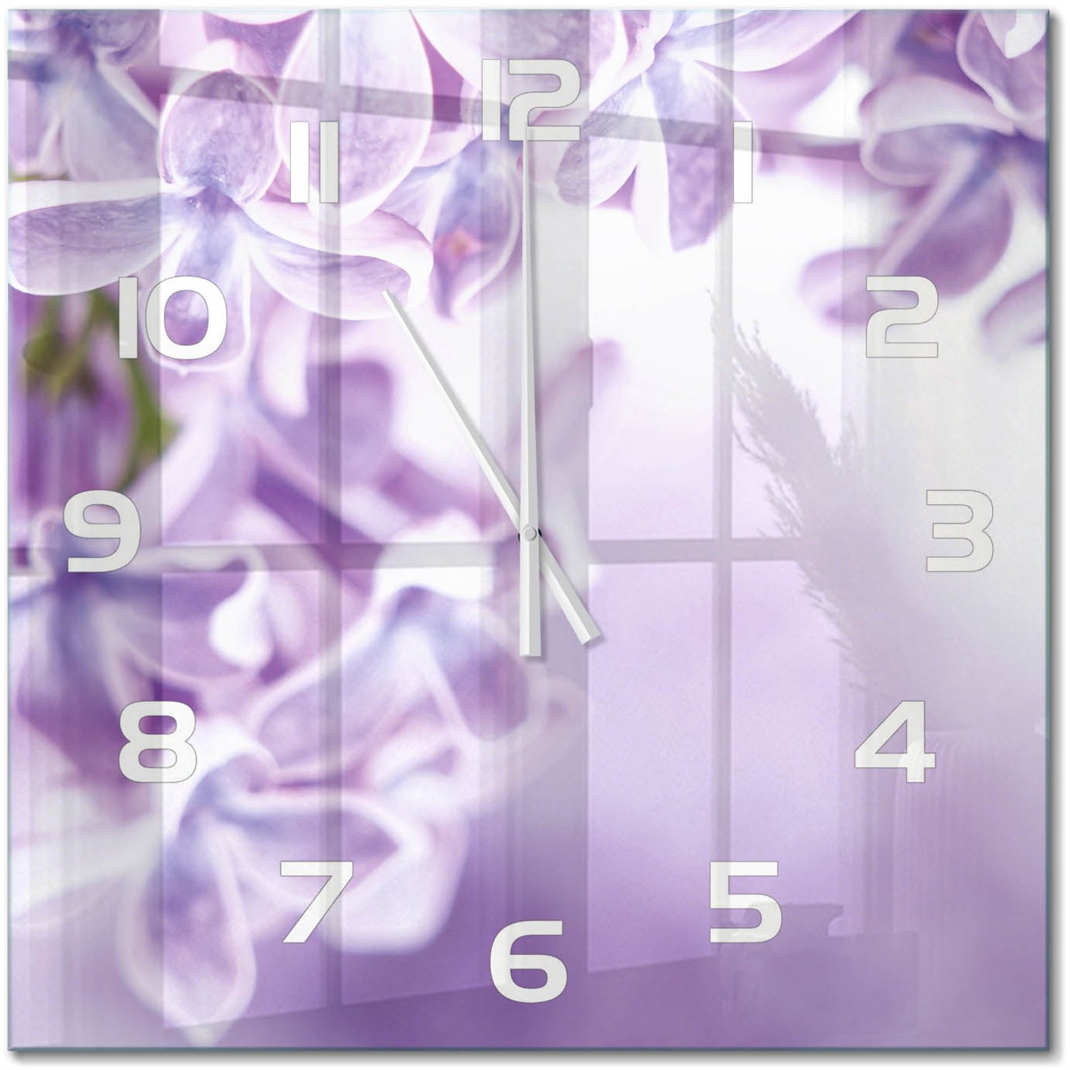 TULUP Wandklok - Paarse bloemen Klok Glas Met Opdruk - 60x60 cm - Paars Moderne Wandklok Glas - Witte handen - Vierkante Klok - Decoratieve Glazen Klok - Glazen Wandklok Design