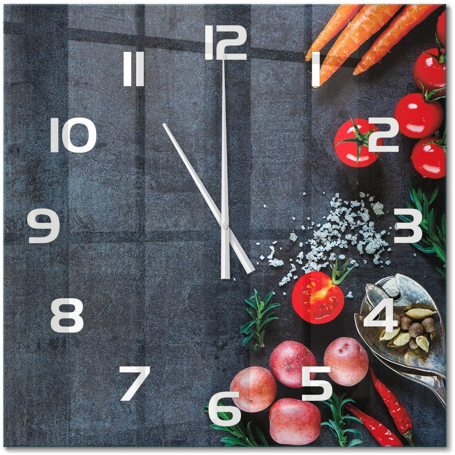 TULUP Wandklok - Ingrediënten Decoratieve Glazen Klok - 60x60 cm - Veelkleurig Glazen Wandklok Design - Witte handen - Vierkante Klok - Glazen Klok Met Print - Wandklok Glas Met Motief
