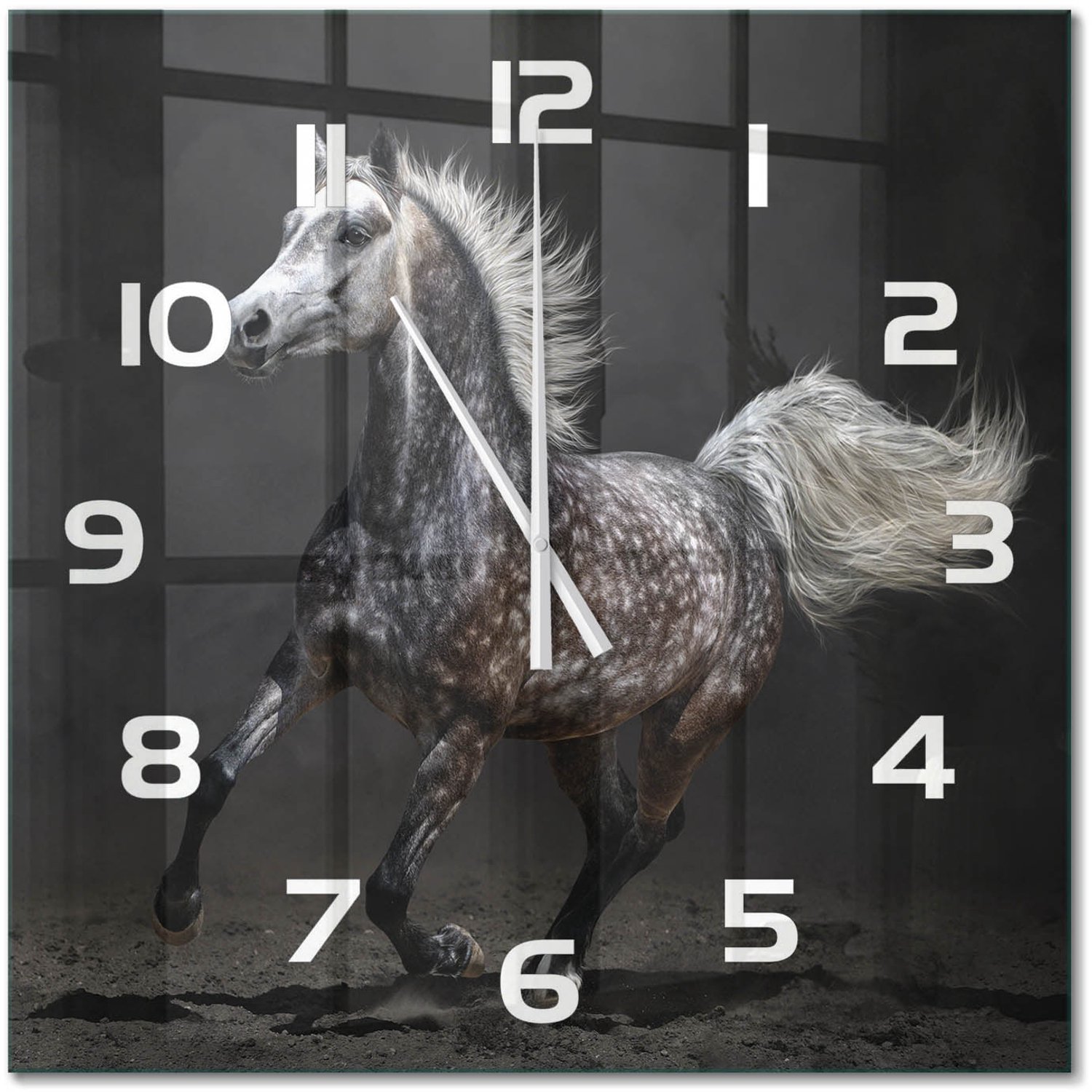 TULUP Wandklok - Grijze Arabische Paard Klok Glas Met Opdruk - 60x60 cm - Zwart Moderne Wandklok Glas - Witte handen - Vierkante Klok - Decoratieve Glazen Klok - Glazen Wandklok Design