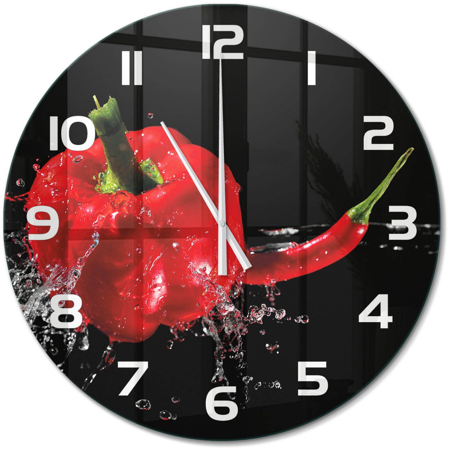 TULUP Wandklok - Rode peper Decoratieve Glazen Klok - fi60 cm - Rood Glazen Wandklok Design - Witte handen - Ronde Klok - Glazen Klok Met Print - Wandklok Glas Met Motief