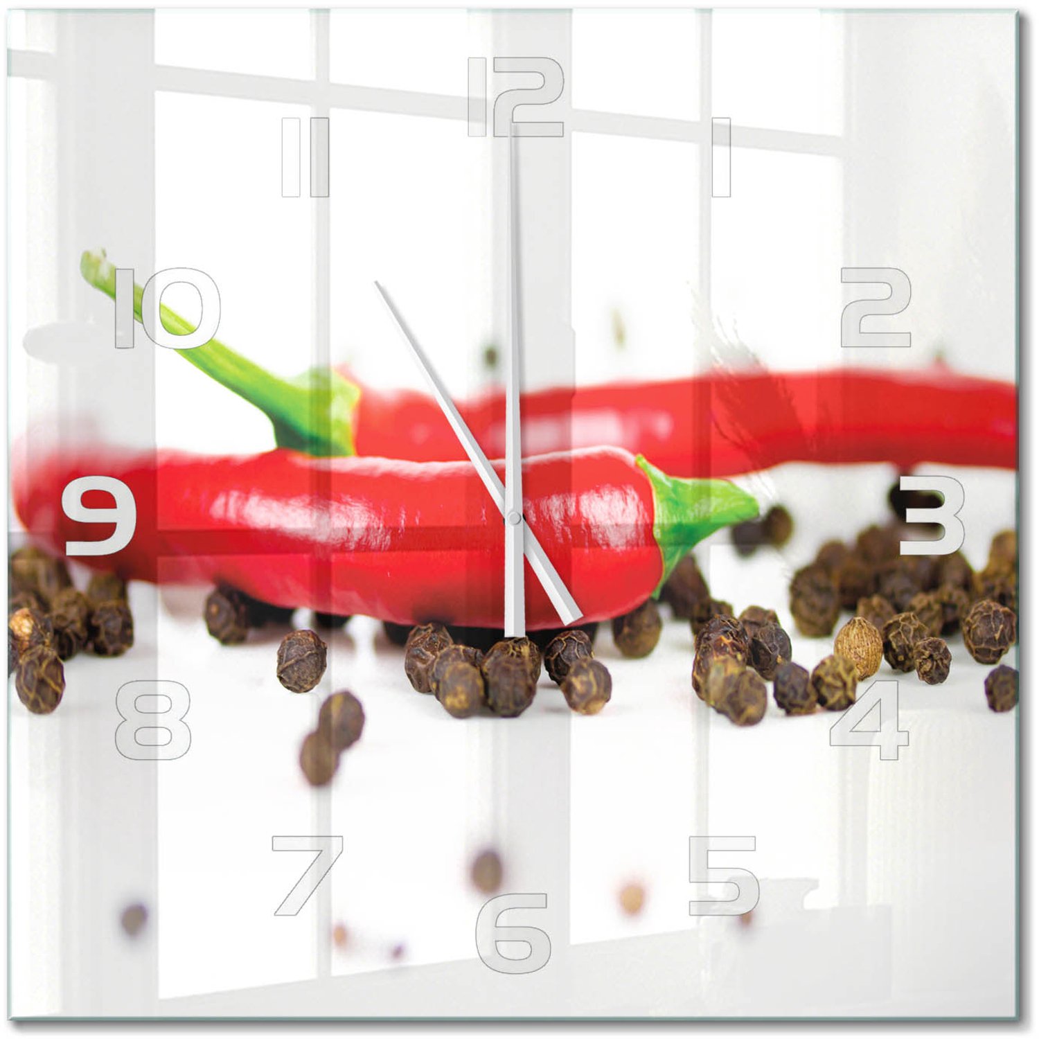 TULUP Wandklok - Chili en peper Decoratieve Glazen Klok - 60x60 cm - Rood Glazen Wandklok Design - Witte handen - Vierkante Klok - Glazen Klok Met Print - Wandklok Glas Met Motief