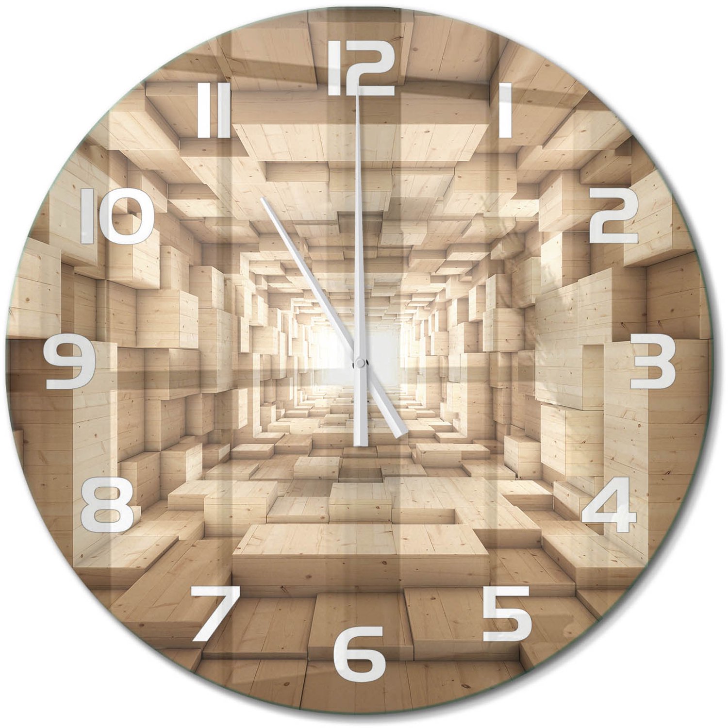 TULUP Wandklok - Houten tunnel Wandklok Glas Decoratie - fi60 cm - Beige Gekleurde Glazen Klok - Witte handen - Ronde Klok - Klok Glas Met Opdruk - Moderne Wandklok Glas