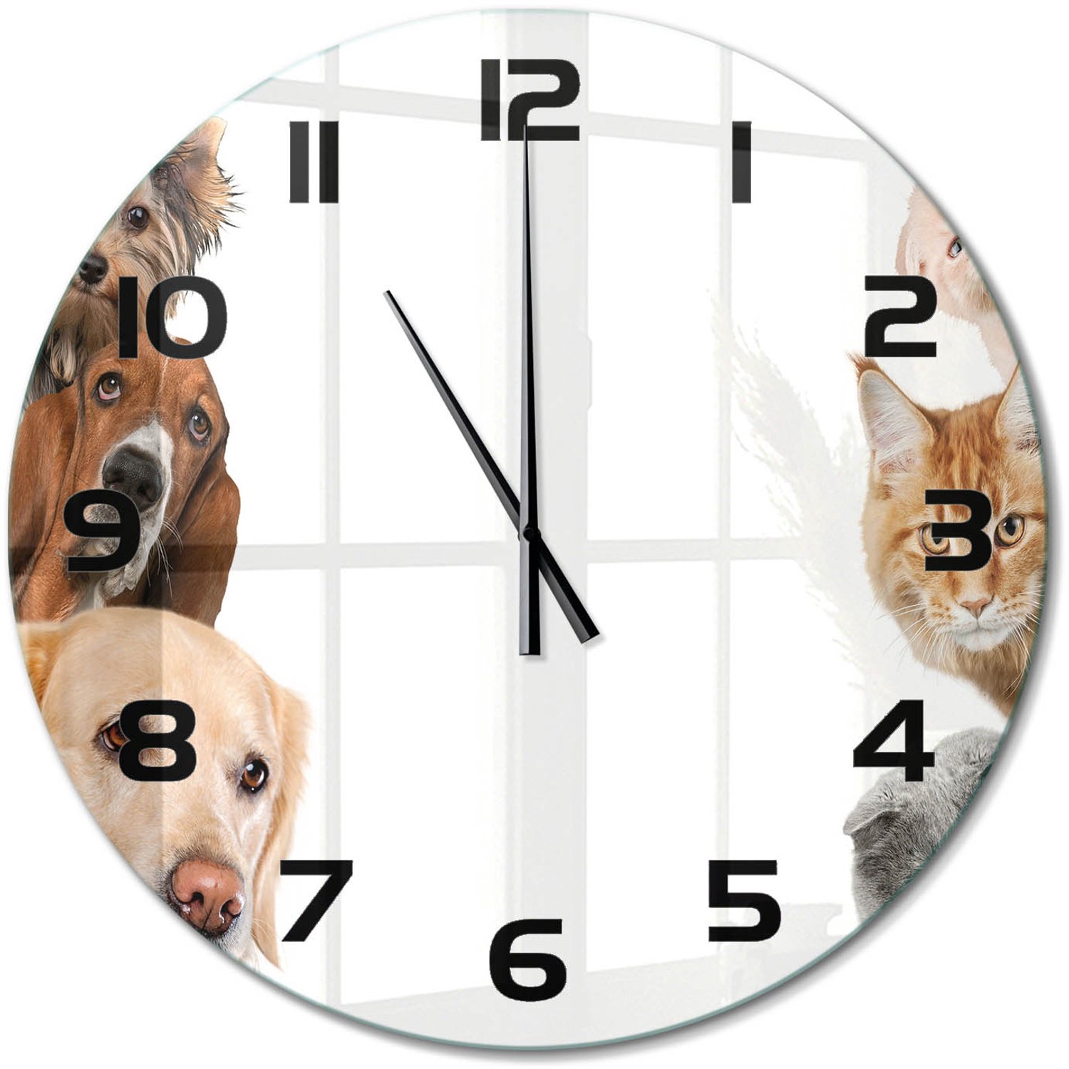 TULUP Wandklok - Honden en katten Wandklok Glas Met Motief - fi60 cm - Beige Decoratieve Glazen Klok - Zwarte handen - Ronde Klok - Gekleurde Glazen Klok - Glazen Klok Met Print