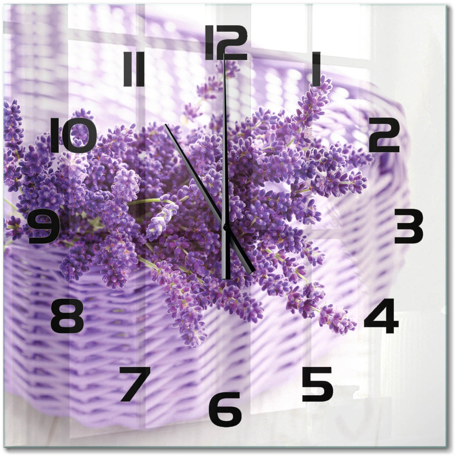 TULUP Wandklok - Lavendel in een mand Moderne Wandklok Glas - 60x60 cm - Paars Wandklok Glas Decoratie - Zwarte handen - Vierkante Klok - Glazen Wandklok Design - Klok Glas Met Opdruk