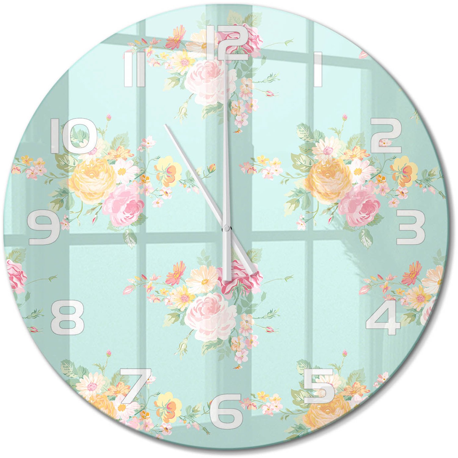 TULUP Wandklok - Bloemenpatroon Decoratieve Glazen Klok - fi60 cm - Veelkleurig Glazen Wandklok Design - Witte handen - Ronde Klok - Glazen Klok Met Print - Wandklok Glas Met Motief