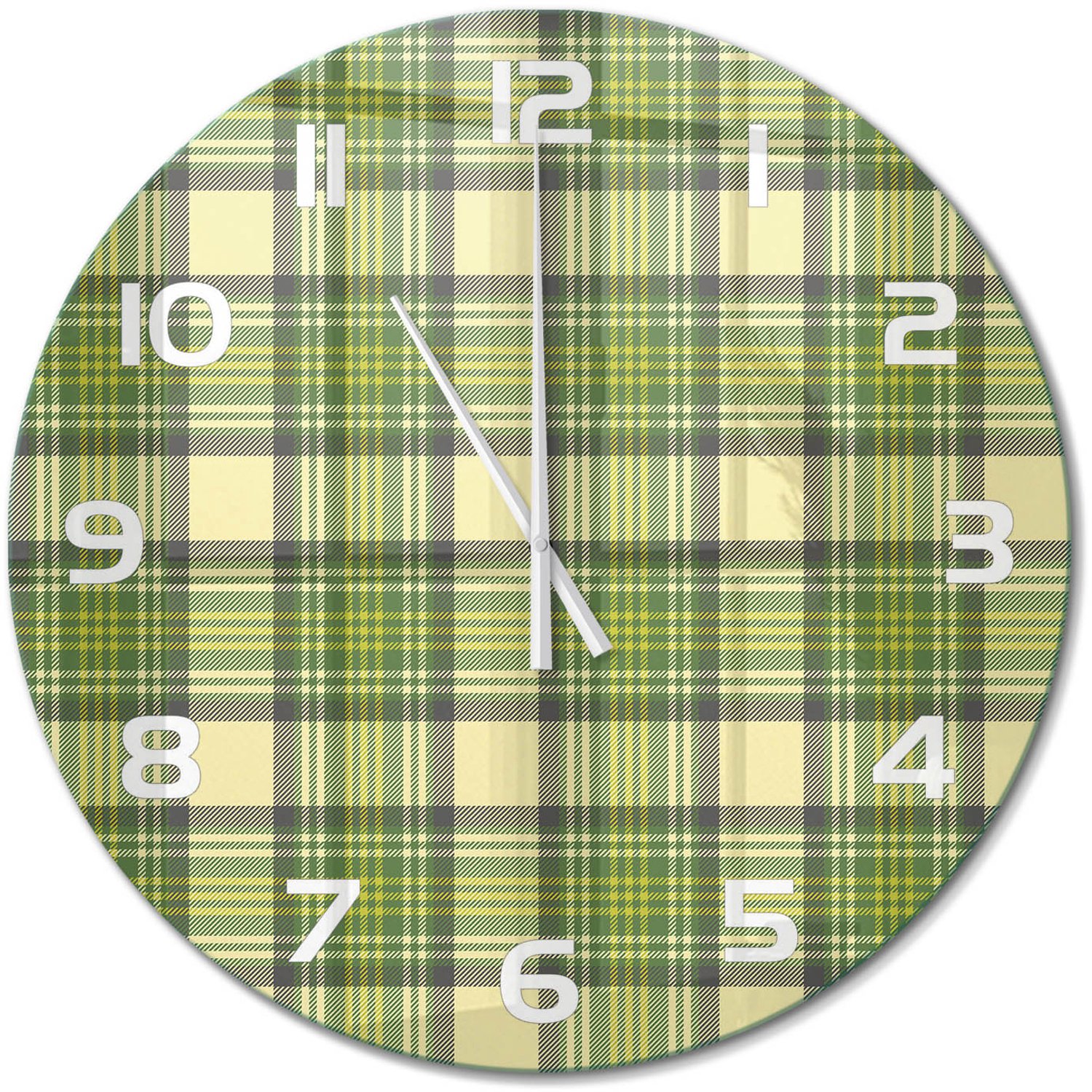 TULUP Wandklok - Groen raster Wandklok Glas Decoratie - fi60 cm - Groente Gekleurde Glazen Klok - Witte handen - Ronde Klok - Klok Glas Met Opdruk - Moderne Wandklok Glas