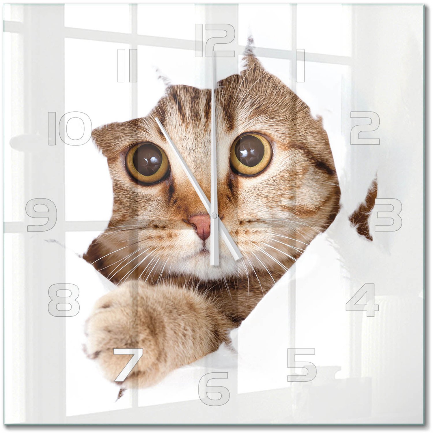 TULUP Wandklok - Kat Glazen Klok Met Print - 60x60 cm - Beige Wandklok Glas Met Motief - Witte handen - Vierkante Klok - Wandklok Glas Decoratie - Gekleurde Glazen Klok