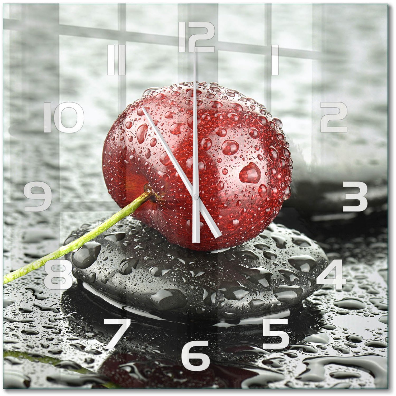 TULUP Wandklok - Kers in de regen Wandklok Glas Met Motief - 60x60 cm - Rood Decoratieve Glazen Klok - Witte handen - Vierkante Klok - Gekleurde Glazen Klok - Glazen Klok Met Print