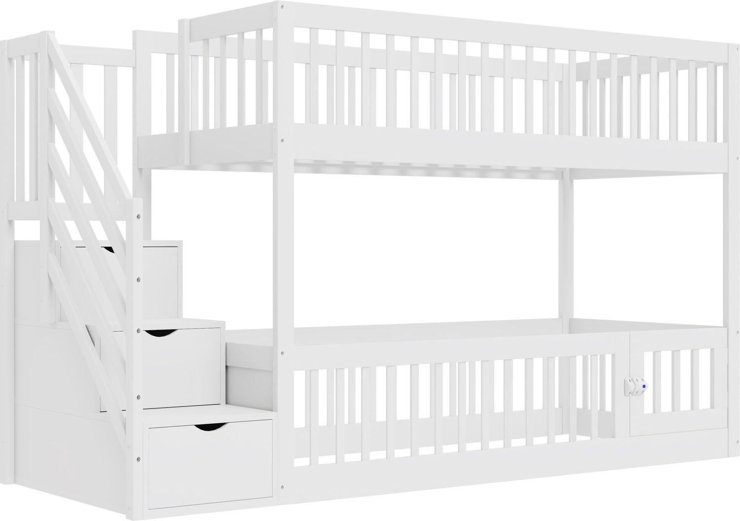 MUVANO Kinderstapelbed 90x200 cm - Kinderbed met opbergtrap en lades - Massief hout - Hekken boven en onder - Onderbed met deur - Kinderkamer Wit
