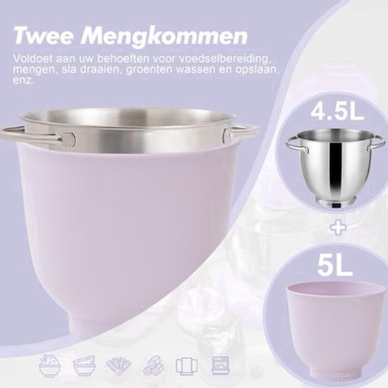 Keukenmachine Elektrisch - 1300 W Vermogen - 4,5 Liter Mengkom - 10 Snelheden - Lila - Staande Mixer — afbeelding 5